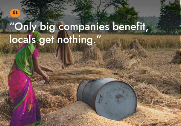 Woman working in a field with text about locals not benefiting.