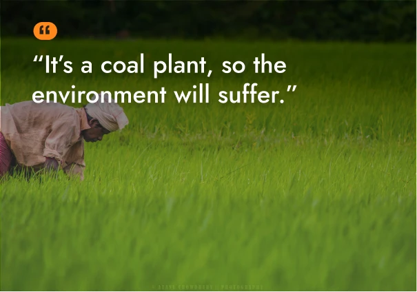 Farmer in a field with text about environmental impact of a coal plant.
