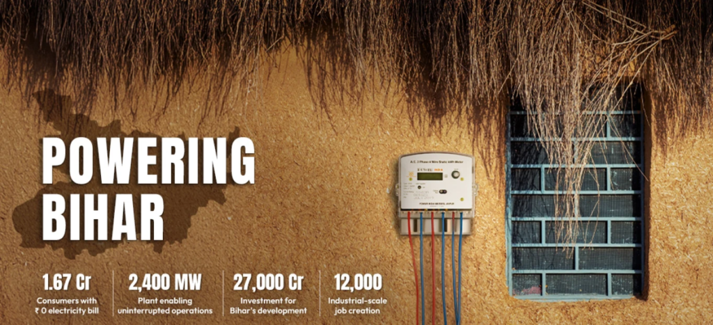 House wall with electricity meter and text about powering Bihar.