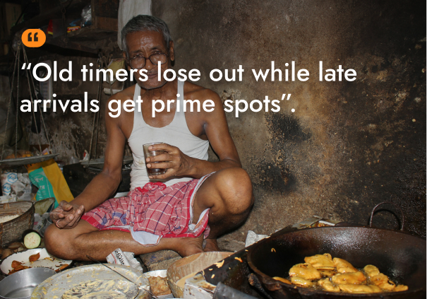 Elderly man cooking indoors with text about inequality among residents.
