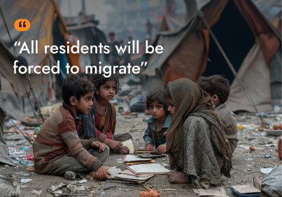 Children sitting in a temporary settlement with text about forced migration.