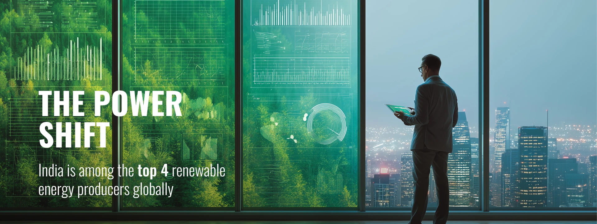 Person analyzing data screens with text about India’s renewable energy growth.
