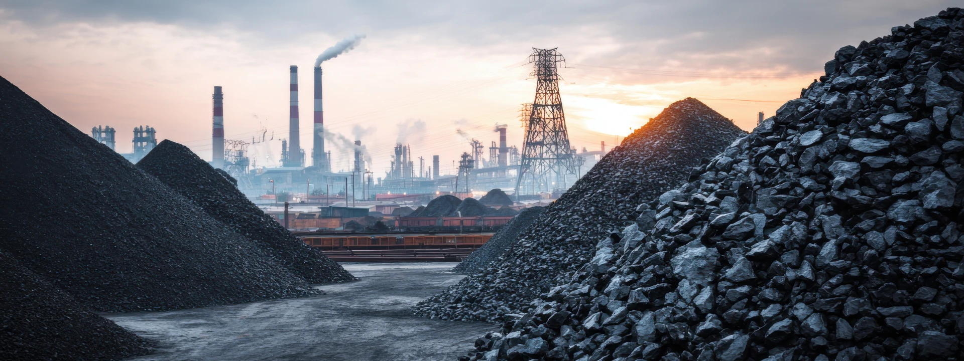 Coal piles with a power plant and smokestacks in the background.
